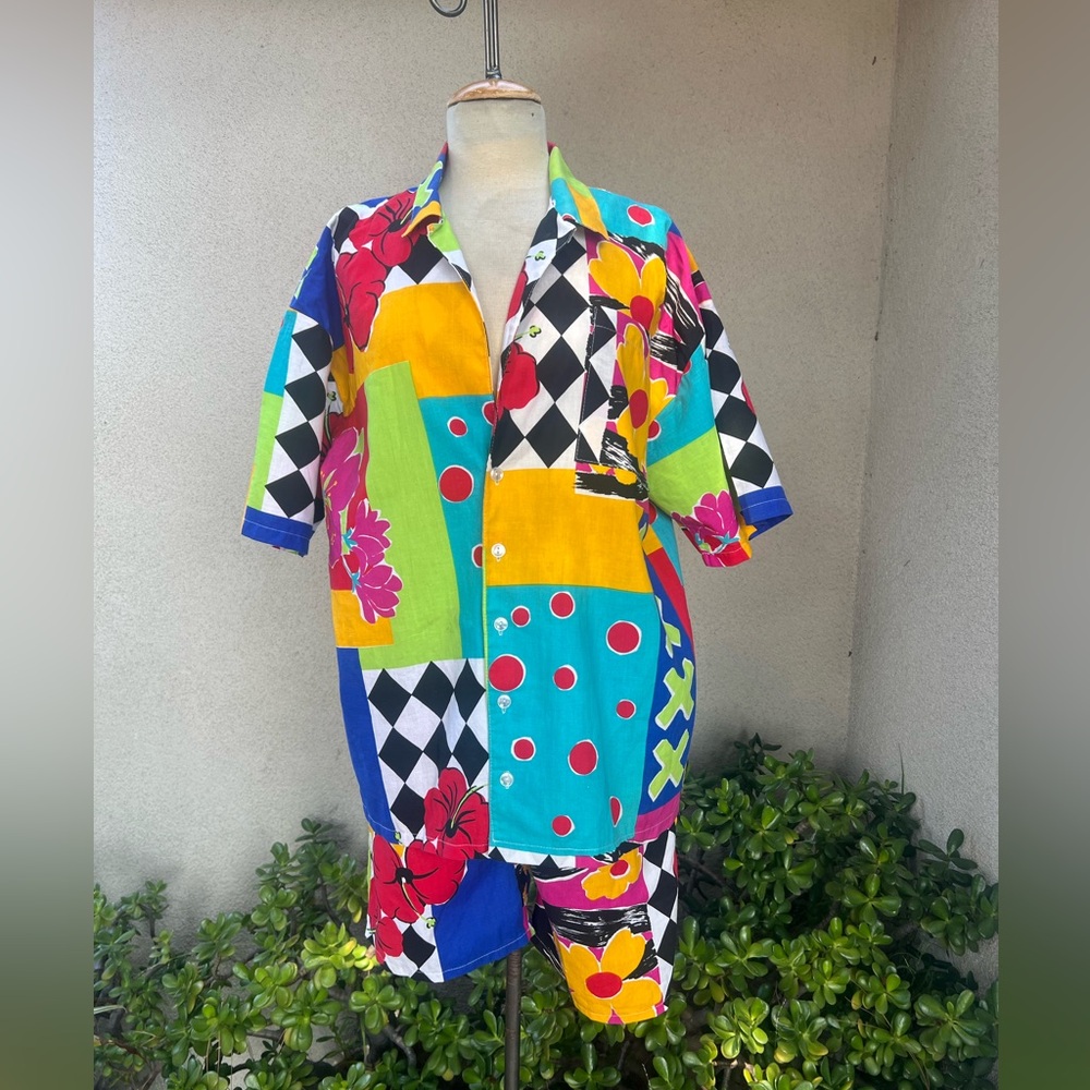 Vintage Mary Quant 80s outfit shirt shorts colorful floral print unisex OS.